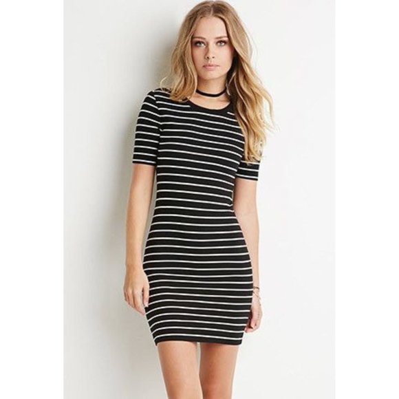 Forever 21 Ribbed Black & Cream Striped Bodycon T-Shirt Dress - Picture 1 of 8